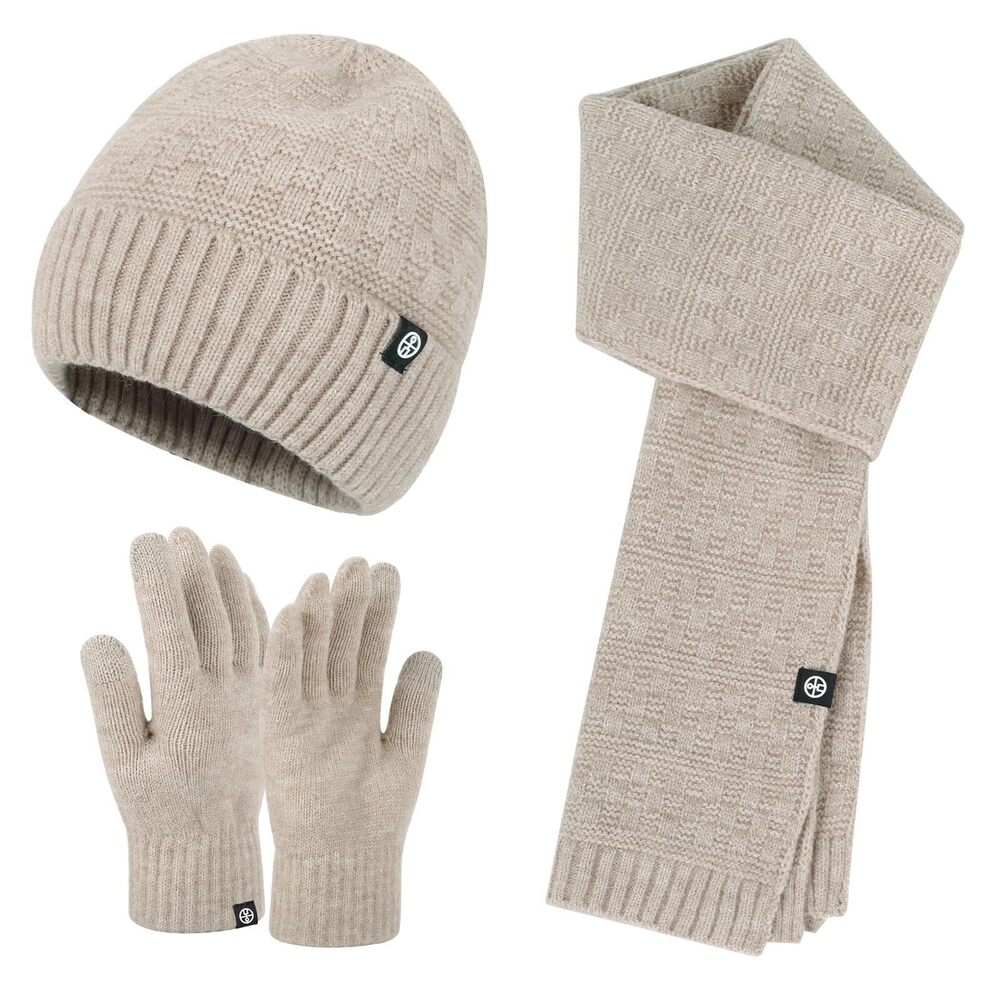 6682 Winter Knitted Hat Scarf Touchscreen Gloves Set Soft Warm Beanie